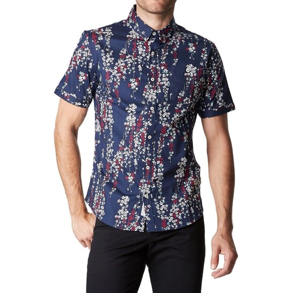 7 Diamonds Resort Shirt Blue Floral AOP Cotton Stretch Flip Cuff Button Down - Picture 1 of 16